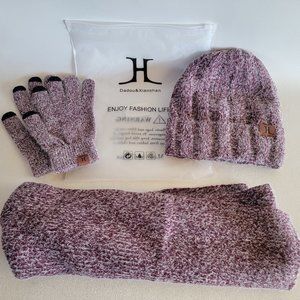 Warm Winter Knit Beanie Hat, Gloves, Long Scarf Set Fleece Lined Hat